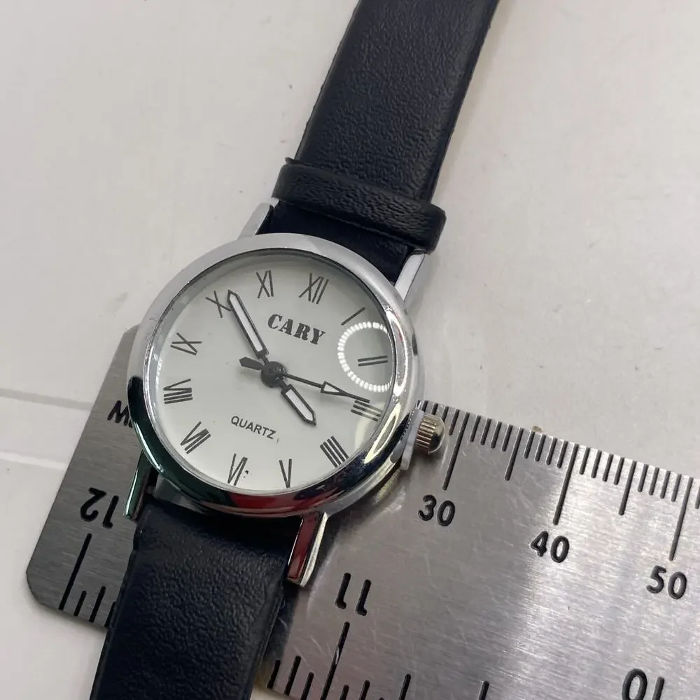 Cary Womens Silver Tone Black Leather Watch Works New Battery